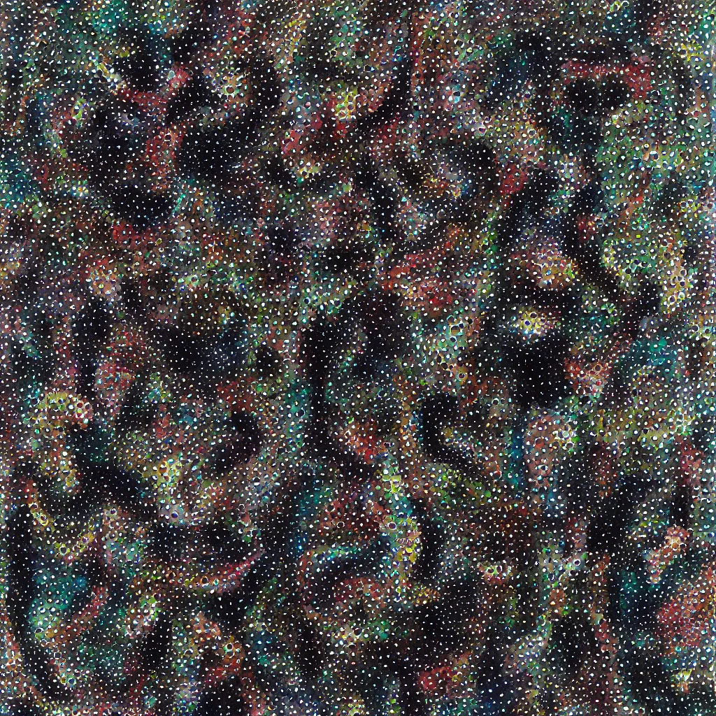 Image similar to camo made of teeth, smiling, abstract, rei kawakubo artwork, cryptic, dots, stipple, lines, splotch, color tearing, pitch bending, color splotches, hearts, dark, ominous, eerie, minimal, points, technical, old painting