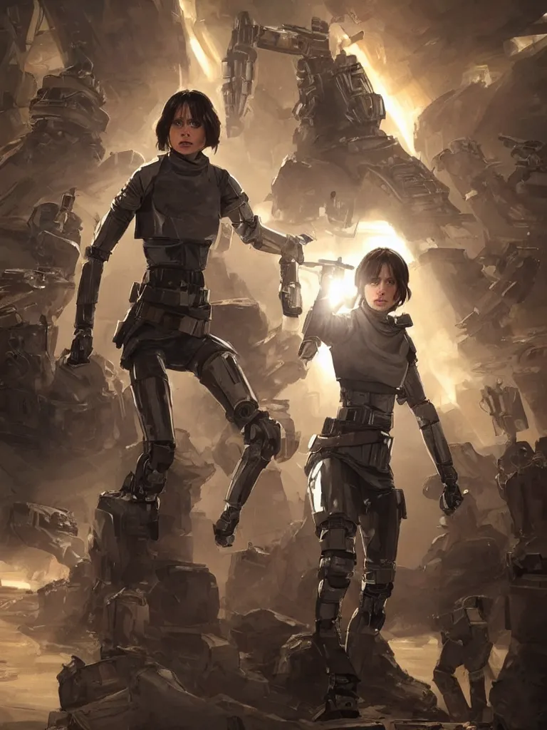 Prompt: expressive full body photo of jyn erso on a throne of robot arms, decolletage, confident pose, coherent, insane detail, concept art, character concept, cinematic lighting, global illumination radiating a glowing aura