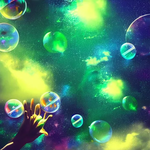 Prompt: a high quality artwork, human hand holding a bunch of soap bubbles in a cosmic space full of stars and clouds, volumetric light, green and yellow colors, digital art, feautured on artstation