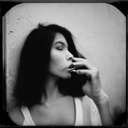 Image similar to a beautiful instant photograph of a woman smoking in the street, leaning on the wall, polaroid, technicolor, rule of thirds, light leak, raw, black clothing