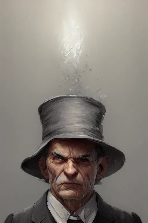 Prompt: a grey hair old halfling with stubble no beard top hat and suit by Greg Rutkowski, painting, portrait, HD, high details, trending on artstation