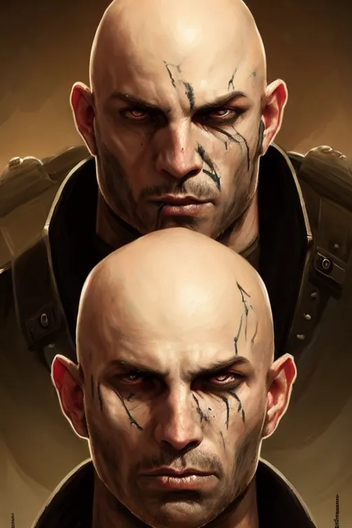 Image similar to unattractive, bald and unsympathetic Human_fighter!, He has 6 scares on his face, and a bloodthirsty look in his eyes. full_body!!, dungeons and dragons portrait, highly detailed, digital painting, artstation, concept art, sharp focus, illustration, art by artgerm and greg rutkowski and alphonse mucha