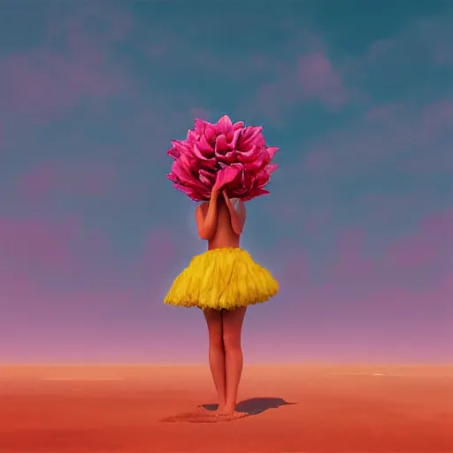 Image similar to portrait, giant rose flower head, girl dancing at the beach, surreal photography, sunrise, blue sky, dramatic light, impressionist painting, digital painting, artstation, simon stalenhag