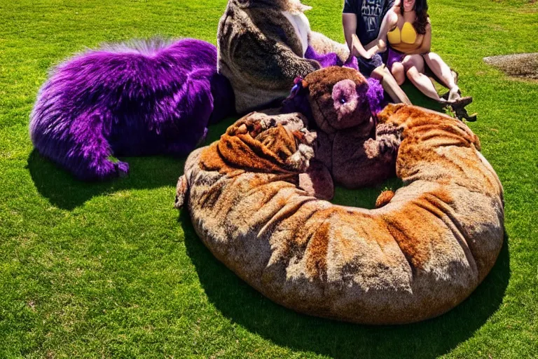Prompt: Giant monster loafing in the backyard. Brown and purple fur, yellow claws and teeth, green eyes, curled horns, relaxed demeanor. A young couple relaxes next to the monster, snuggled up to its fur.