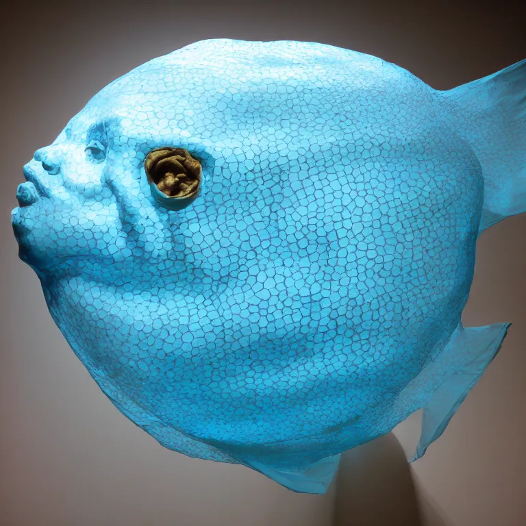 Prompt: hyperrealistic sculpture of a bronze fossilized flounder halibut in a large mesh bag made of blue silicone and latex on a pedestal by ron mueck and duane hanson and lee bontecou, hyperrealistic dramatic colored lighting trending on artstation 8 k