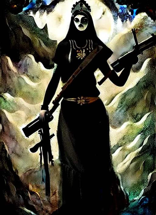 Image similar to marana slavic goddess with ak - 4 7 in six arms in traditional slavic clothes : by anato finnstark kvlt by peder balke by peder balke by greg rutkowski, mystic high contrast monochromatic noir