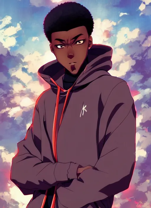 Image similar to handsome hip hop young black man only, anime style only, confident, scenery wallpaper aesthetic, vintage retro colors, symmetrical face, cinematic, dramatic, super detailed and intricate, hyper realistic, 4 k render, by artgerm, by kyoung hwan kim, by ralph mcquarrie, by yoshiyuki tomino