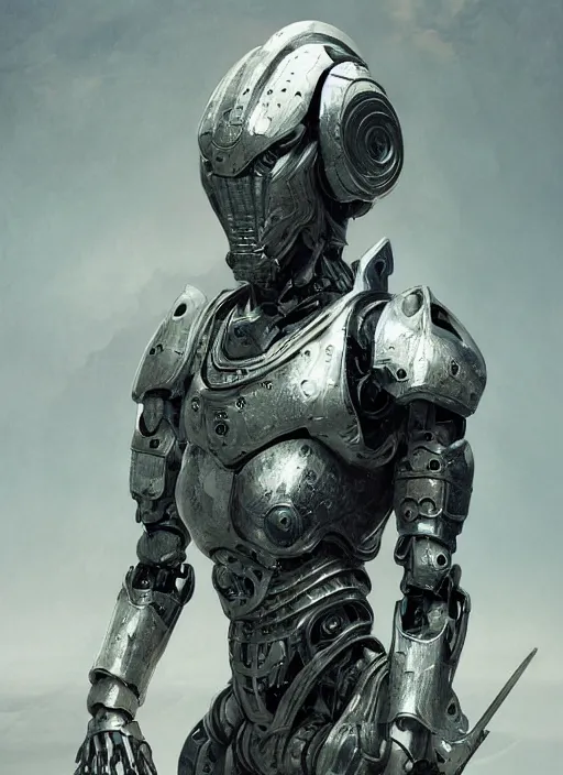 Prompt: portrait of a futuristic silver armored knight district 9 cyborg, modern fine art, fractal, intricate, elegant, highly detailed, digital photography, subsurface scattering, by jheronimus bosch and greg rutkowski,