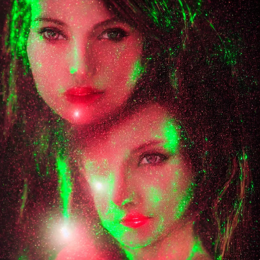 Prompt: photograph of a portrait of beautiful woman ,night , illuminated by green and red colored LED lights, 85 mm f1.4