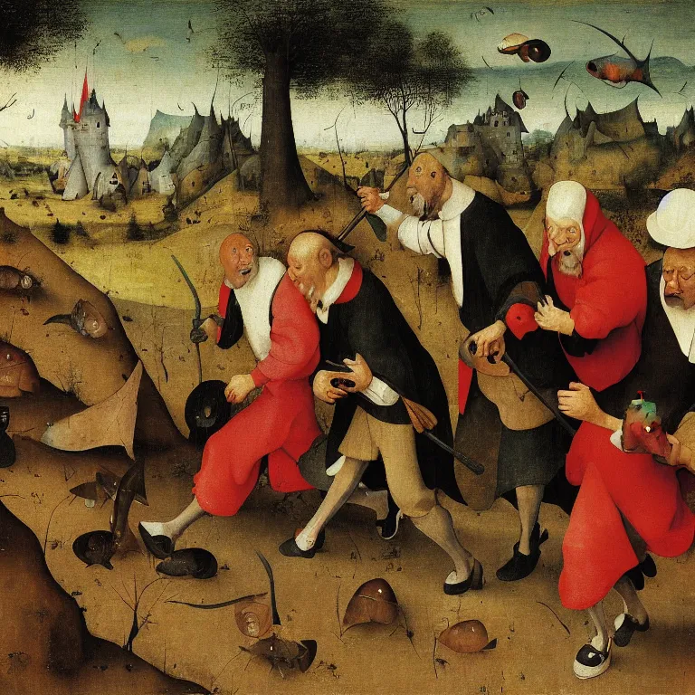 Image similar to The portrait of three sarcastic men with a lot of fish running away from Grim Reaper who laughs and follow them, by Hieronymus Bosch and Pieter Bruegel inspired by Terry Pratchett, super detailed oil painting, hyper realistic faces, 4k, masterpiece