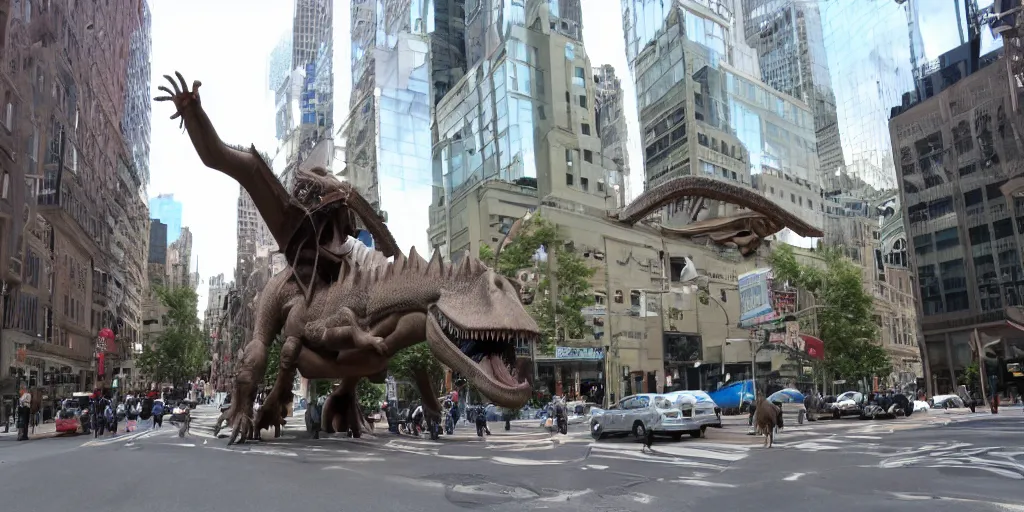 Image similar to Jesus riding on a dinosaur in downtown Manhattan