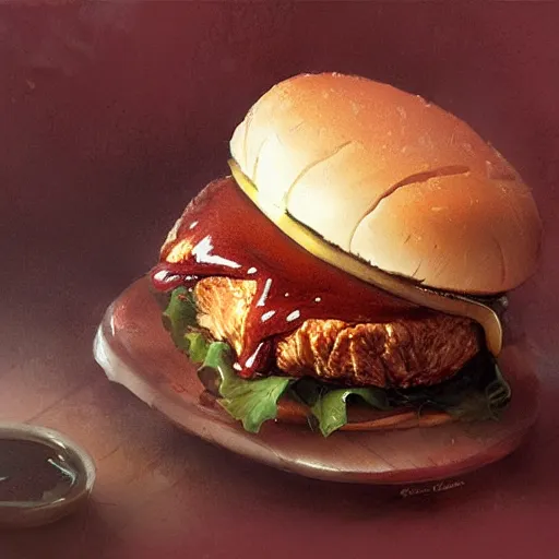 Image similar to a tender chicken sandwich covered in barbecue sauce, Greg Rutkowski