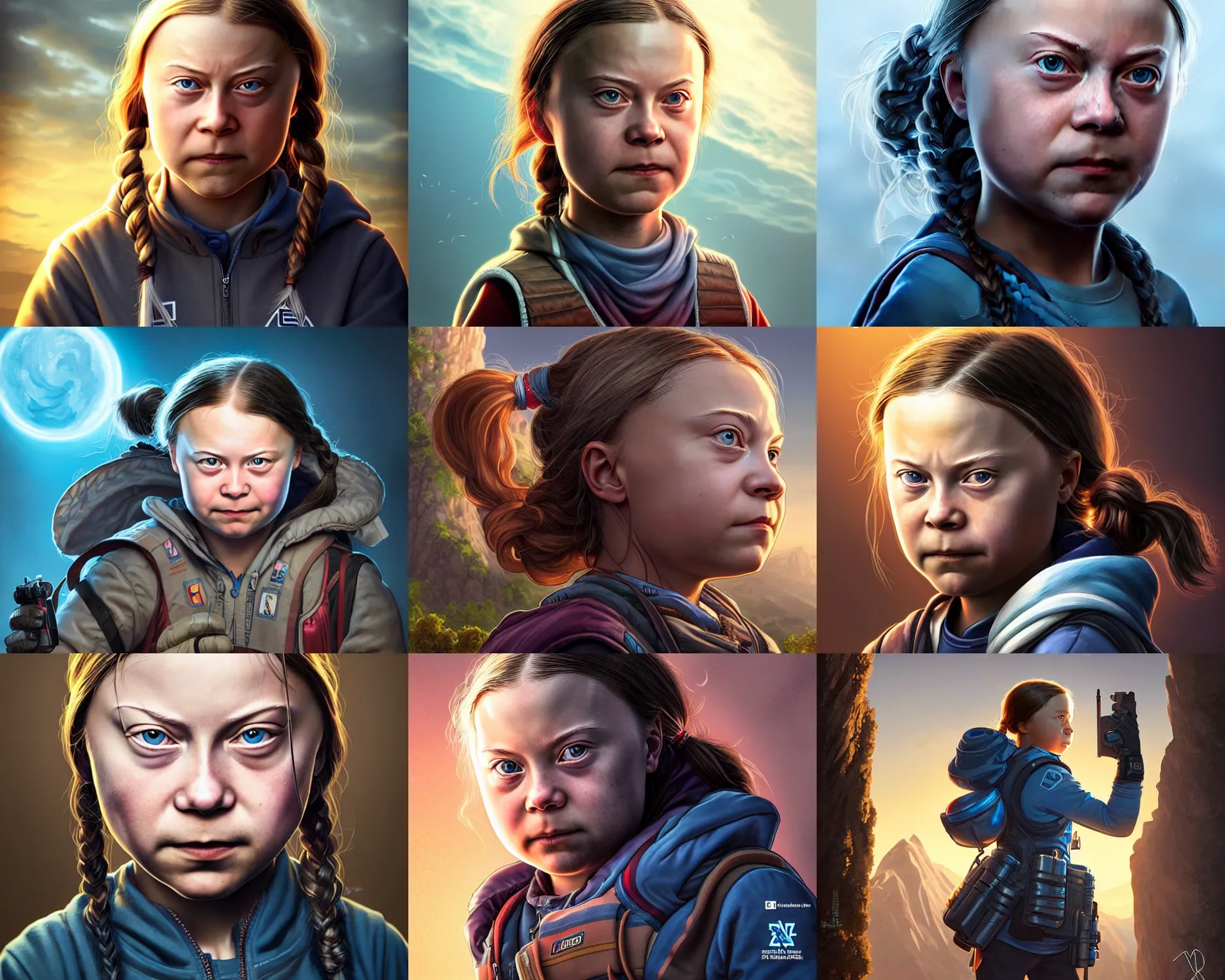 Prompt: greta thunberg as an apex legends character digital illustration portrait design by, mark brooks and brad kunkle detailed, gorgeous lighting, wide angle action dynamic portrait