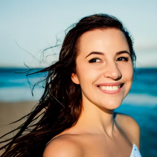 Prompt: a headshot of a 2 6 year old beautiful female, posing on a beach with the ocean, award winning seductive, smile, art, focus, blur, kavisky, ultra detail, light room, canon,