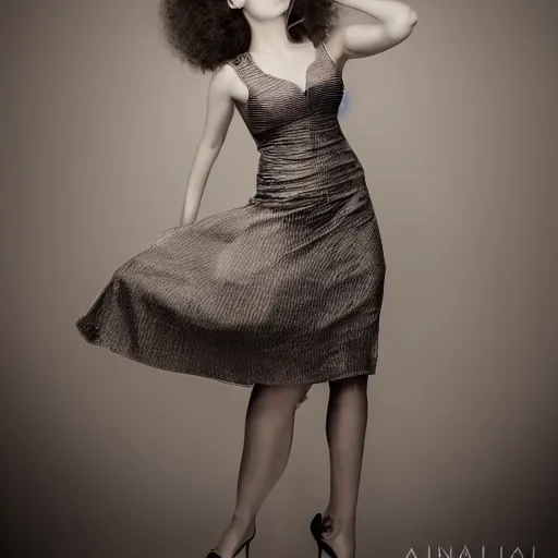 Image similar to beautiful young woman in style of annie leibowitz, wearing dress, high heels and gorgeous hairdo, symmetrical, photorealism, high detail, beautiful studio light, 3 5 mm portrait