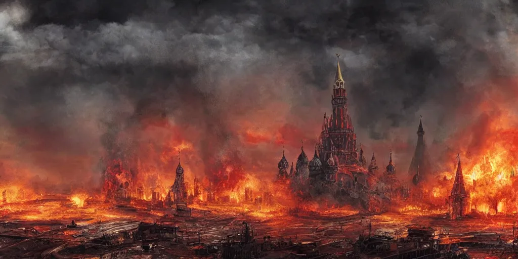 Image similar to A post-apocalyptic scene of fire and explosions on Red Square and the Kremlin, St Basil cathedral is destroyed, sci-fi concept art, nuclear mushroom, lots of fire, panic, dark, clouds, 8k, high detail, advanced rendering whimsically designed art, 4k post-processing highly detailed, Soft illumination