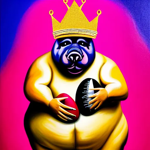 Prompt: A vibrant painting with dramatic lighting of a morbidly obese pig wearing a gold crown playing football, studio lighting, detailed, photography, 82 mm sigma art