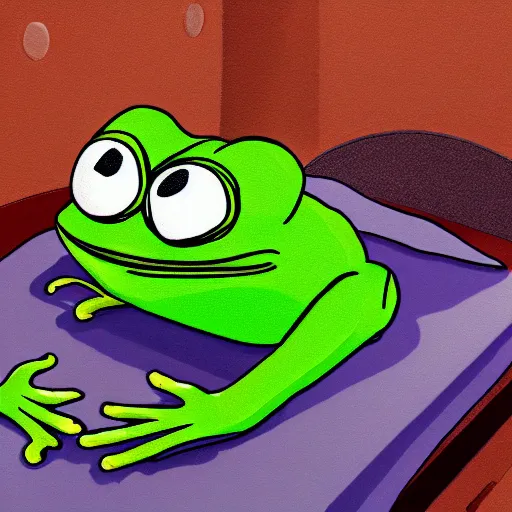 Prompt: Realistic pepe the frog alone and sad in his bedroom, cinematic perspective, studio shot, full hd