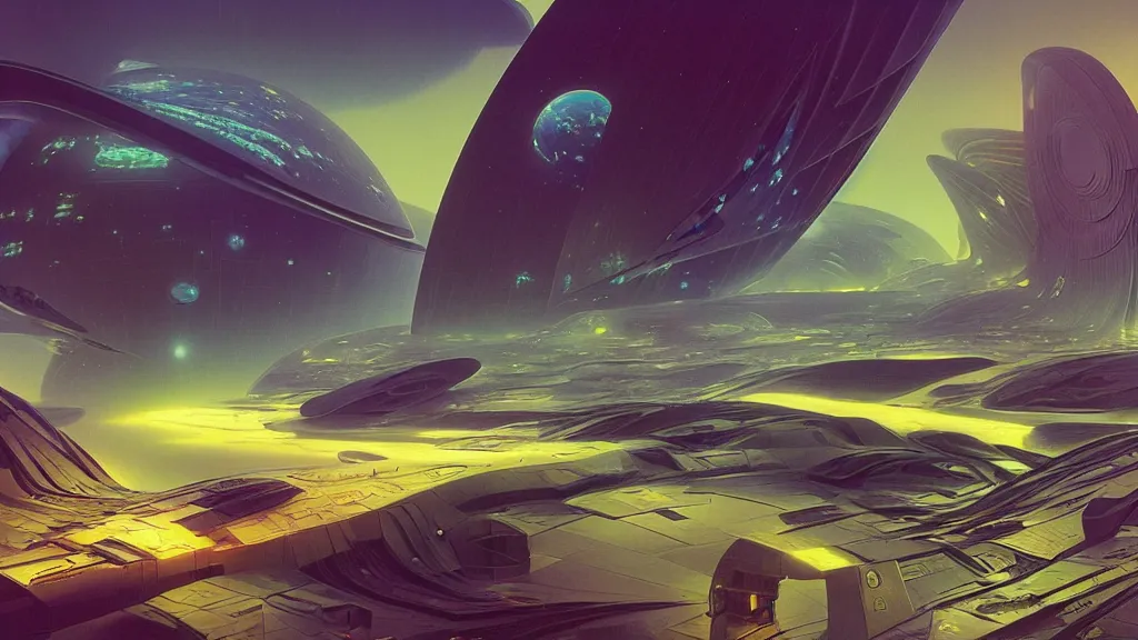 Prompt: digital render space science fiction digital matte painting bruce pennington, zaha hadid, beeple, john schoenher, syd mead, alphonse mucha