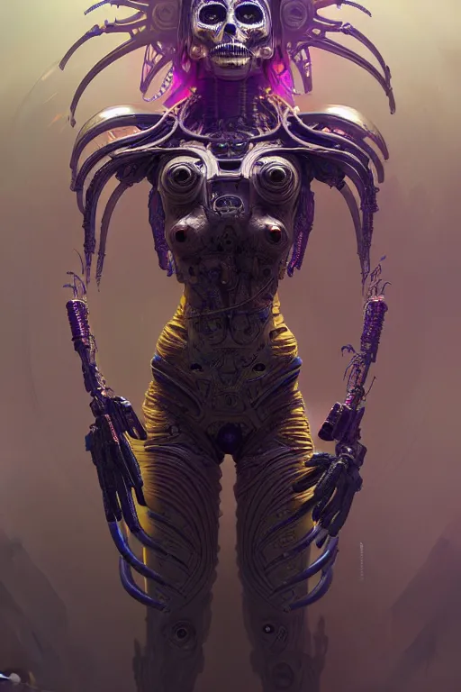 Image similar to ultra detailed Female Android deity, scifi, octane render, (dia de los muertos), asymmetrical, intricate concept art, triadic color scheme, art by artgerm and giger and DZO and greg rutkowski and alphonse mucha and WLOP