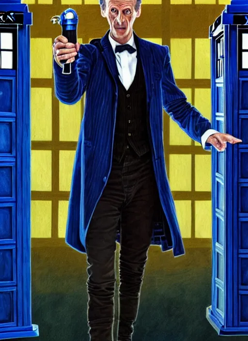 Prompt: oil portrait of the twelfth doctor from doctor who with his tardis, intricate, elegant, highly detailed, lighting, painting, artstation, smooth, illustration, art by greg rutowski and alphonse mucha