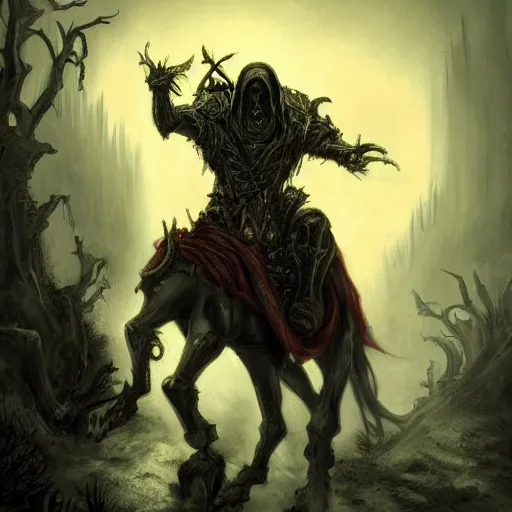Prompt: a necromancer hooded rat riding a horse, doom, horror scenery, by Keith Thompson