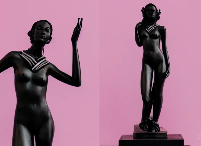 Image similar to extremely beautiful female black marble statue in the style of virgil abloh, colorful motocross logos behind her, sharp focus, clear, detailed,, cinematic, detailed, off white, glamourous, symmetrical, vogue, editorial, fashion, magazine shoot, glossy