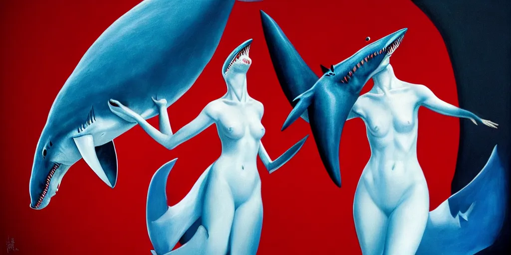 Image similar to high fashion shark, too many fins in all directions, in hoc signo vinces, waterfall, in the style of leonora carrington, gottfried helnwein, intricate composition, blue light by caravaggio, insanely quality, highly detailed, masterpiece, red light, artstation