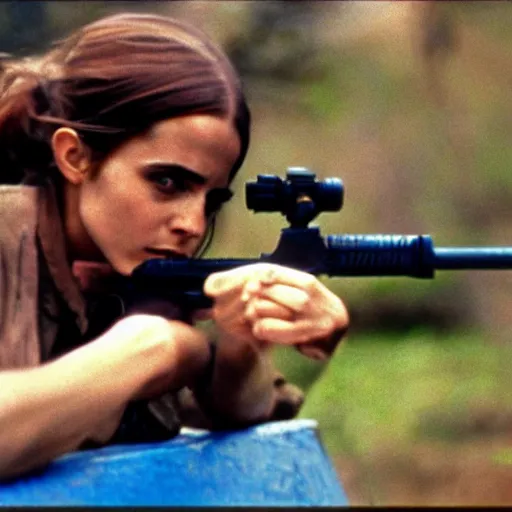 Image similar to film still, extreme far view, emma watson vietnam door gunner, film still from apocalypse now ( 1 9 7 9 ), 2 6 mm, kodak ektachrome, blue tint expired film,