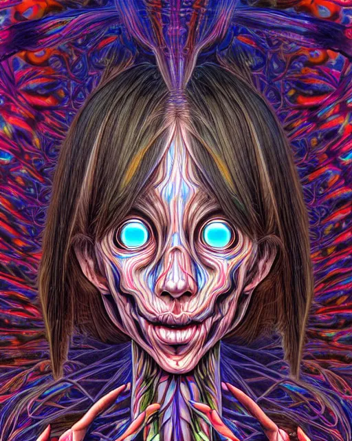 Image similar to human spirit breaking away, conjuring psychedelic background, part by shintaro kago, part by alex gray, ross tran, james jean, ultra realistic, highly detailed, 8 k, trending on artstation, symmetry