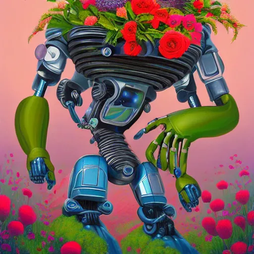 Image similar to a ultradetailed beautiful panting of a robot with flowers growing from the top, by alex gross, trending on artstation