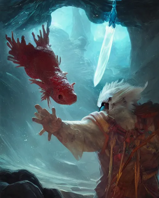 Image similar to oil painting of a Anthropomorphized Axolotl wizard casting epic spell, sharp focus, heroic pose, fantasy style, octane render, volumetric lighting, 8k high definition, by greg rutkowski, highly detailed, trending on art Station, magic the gathering artwork, centered