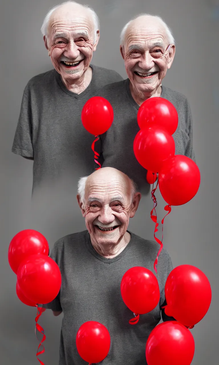 Image similar to waist up portrait of smiling old man with red balloons, highly detailed, digital painting, concept art, smooth, sharp focus, epic composition, award winning photography, gothic art, artstation, concept art, beautiful render, art by artgerm and wlop