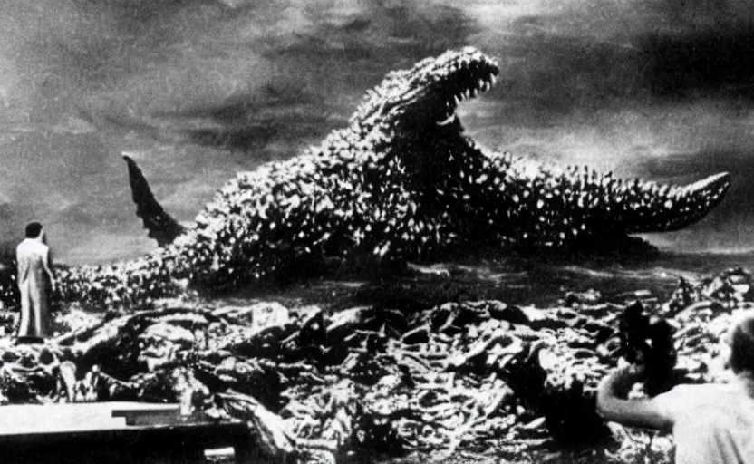 Image similar to a filmstill of Kim Jong-il and a starfish monster destroying Pyongyang, in Godzilla (1954) by Ishirō Honda, epic ultrawide shot, cinémascope