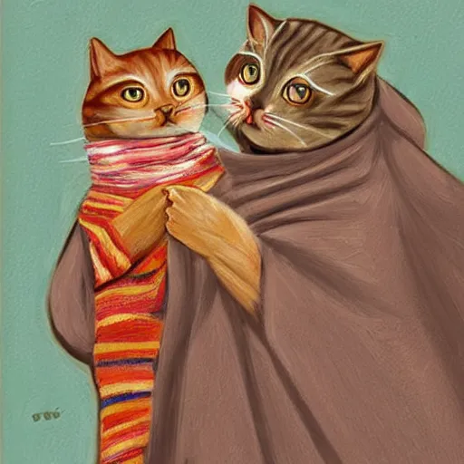 Prompt: two babushka cats cuddling each other
