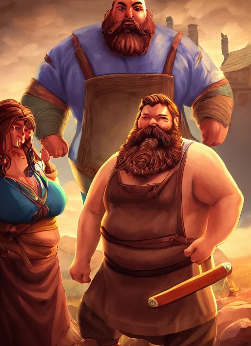 Image similar to an epic fantasy comic book style portrait painting of a hearty man with a big belly and thick beard and large woman who are a couple in a tavern with them both wearing aprons, unreal 5, daz, hyperrealistic, octane render, cosplay, rpg portrait, dynamic lighting