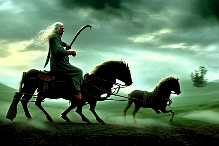 Image similar to gandalf riding into the shire on a horse drawn cart, style of h. r. giger, cinematic, movie still, cgi, directed by ridley scott