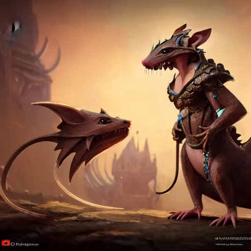 Image similar to a female rat creature with seductive smile, wears a diadem and chees armor, by greg rutkowski, design for magic the gathering, highly detailed, octane render, 4 k
