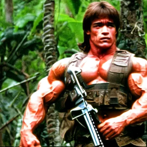 Prompt: a photo of arnold schwarzenegger as rambo, in the jungle, sweat, little dirty, high details