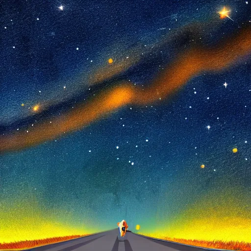 Image similar to a duck, walking on the road, looking up at the sky, milky way, starry sky, art station trend, close - up view