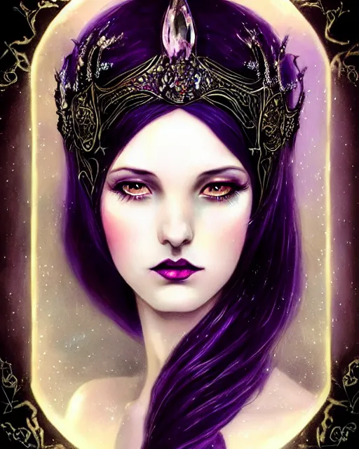 Image similar to a beautiful image of a young woman, Liliana Vess the last hope, dark enchantress, long flowing black hair, ornate headdress, Victorian purple and black elegant costume, young female face, cinematic top lighting, insanely detailed and intricate, face by wlop, Charlie Bowater, golden ratio, symmetric, elegant, ornate, luxury, elite, matte painting, cinematic, LIliana character from MTG, Magic the Gathering, trending on artstation, deviantart and cgsociety, 8k, high resolution