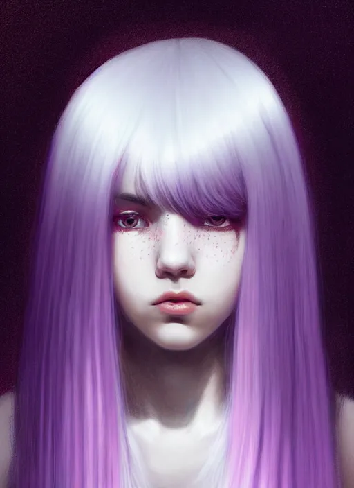 Image similar to hair whitebangs hair, black hair, whitebangs, portrait of teenage girl with white bangs, red irises, purple clothes, white bangs, bangs are different color from hair, intricate, elegant, glowing lights, highly detailed, digital painting, artstation, concept art, smooth, sharp focus, illustration, art by wlop, mars ravelo and greg rutkowski