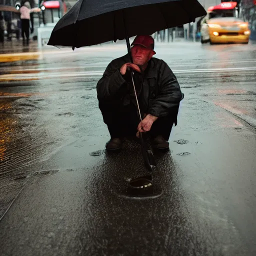 Prompt: closeup portrait of a man fishing in a rainy new york street, photography, natural light, ƒ1.8, 35mm