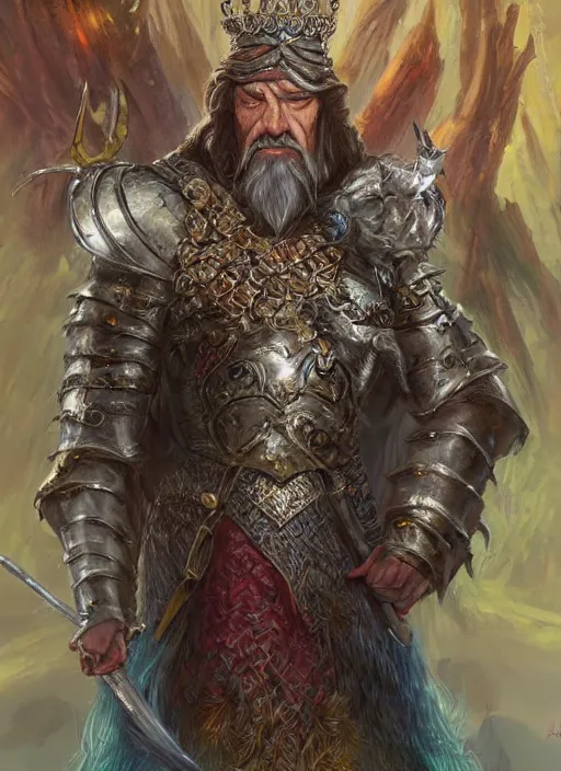 Prompt: old king wearing crown, ultra detailed fantasy, dndbeyond, bright, colourful, realistic, dnd character portrait, full body, pathfinder, pinterest, art by ralph horsley, dnd, rpg, lotr game design fanart by concept art, behance hd, artstation, deviantart, hdr render in unreal engine 5