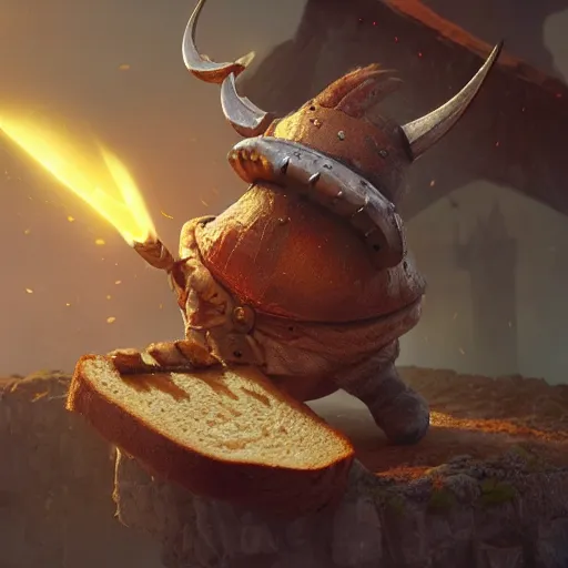 Image similar to viking battle toast, a slice of toasted bread with a face, arms and legs, holding a sword, cute, pixar, volumetric lighting, dynamic composition, fantasy, hyper detailed, ultra realistic, sharp focus, octane render, concept art by ruan jia and heng z and artem