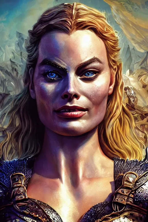 Prompt: A fantasy comic book style portrait painting of Margot Robbie as an Atlantean Reptilian Warrior, Mystical Valkyrie, unreal 5, DAZ, hyperrealistic, octane render, Regal, Refined, Detailed Digital Art, RPG portrait, Michael Cheval, Walt Disney (1937), François Boucher, Oil Painting, Steampunk, dynamic lighting, Highly Detailed, Cinematic Lighting, Unreal Engine, 8k, HD