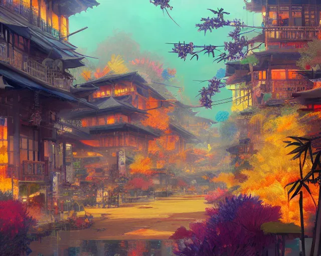 Image similar to great, colorful kitsune city, bamboo, flowers, anime, a fantasy digital painting by Greg Rutkowski and James Gurney, trending on Artstation, highly detailed