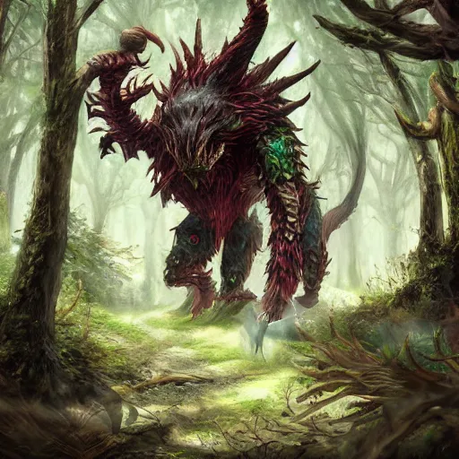 Prompt: final fantasy beast in the woods, highly detailed, digital art, sharp focus, trending on art station, warhammer fantasy,