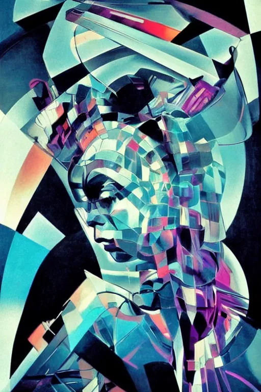 Image similar to wideangle portrait, a wild beautiful ballet dancer tangled in tensor fields, madness, decoherence, synthwave, glitch!!, fractured reality, vortex, realistic, hyperdetailed, concept art, art by syd mead, cubism