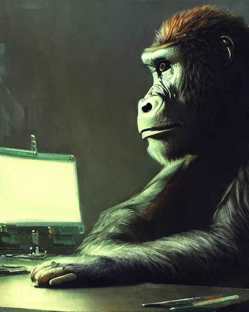 Prompt: cyberpunk gorilla at the computer. sci - fi art by greg rutkowski, gustave courbet, rosa bonheur, edward hopper. faithfully depicted facial expression, perfect anatomy, sharp focus, global illumination, radiant light, detailed and intricate environment, trending on artstation